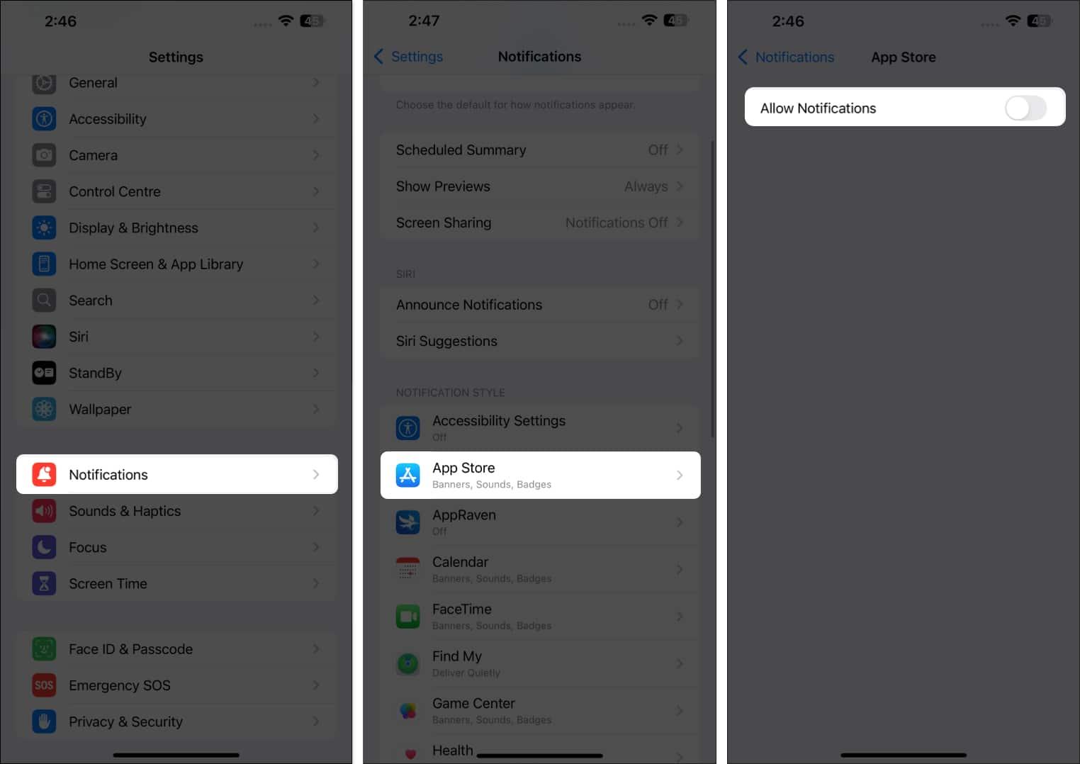 Toggled off Allow Notifications option for the App Store app on an iPhone.