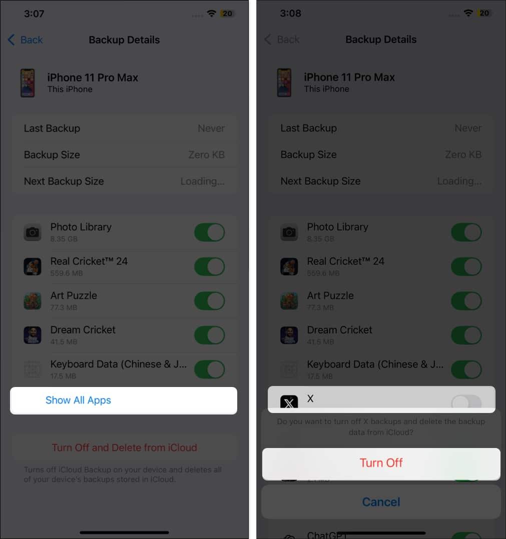 Turning off iCloud backup for an app on an iPhone.