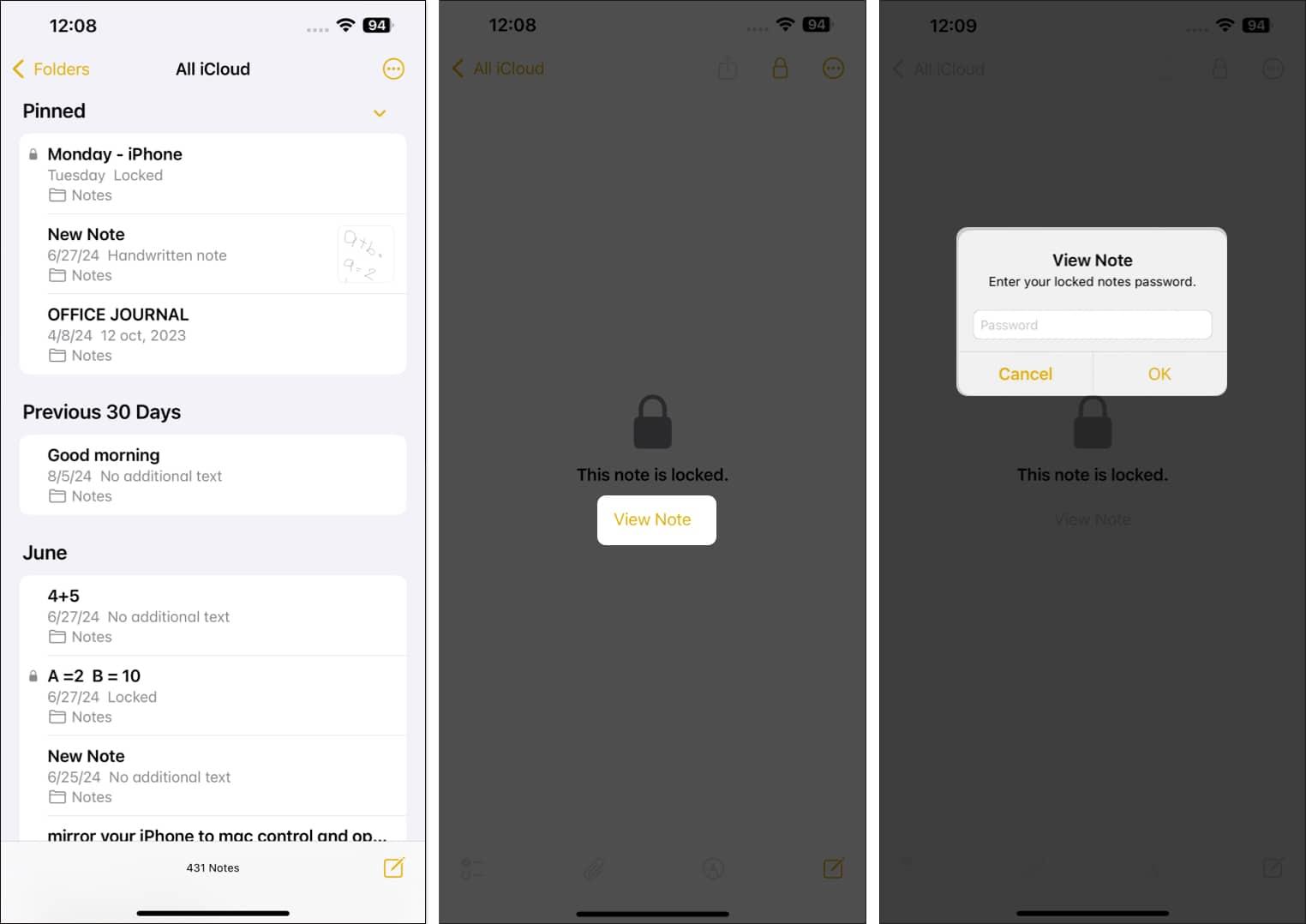 Accessing a locked note in the Apple Notes app on an iPhone.