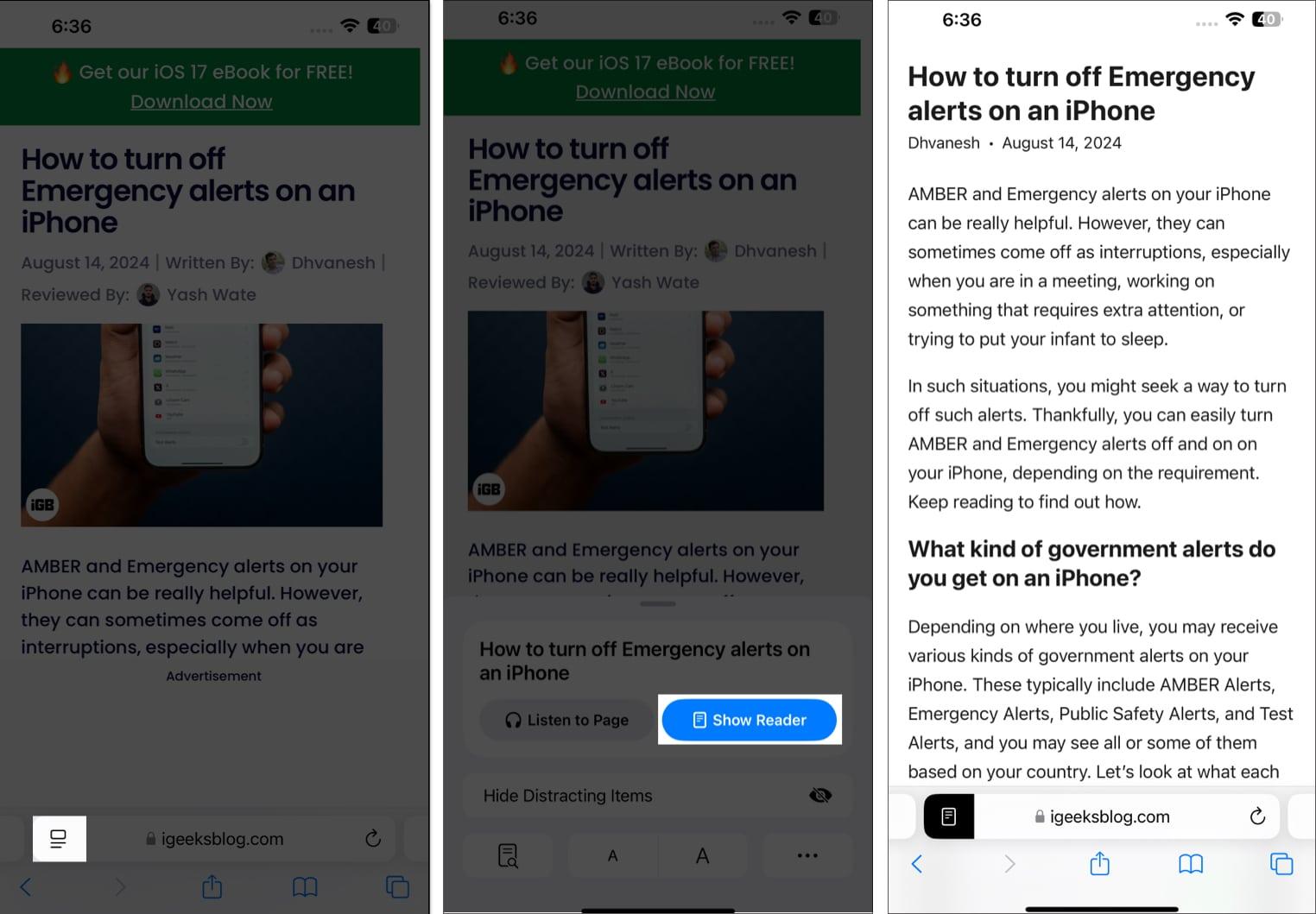 Turn on reader mode in safari
