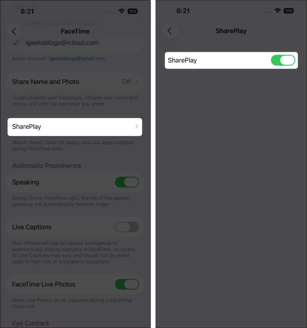 Scroll to SharePlay and toggle on SharePlay