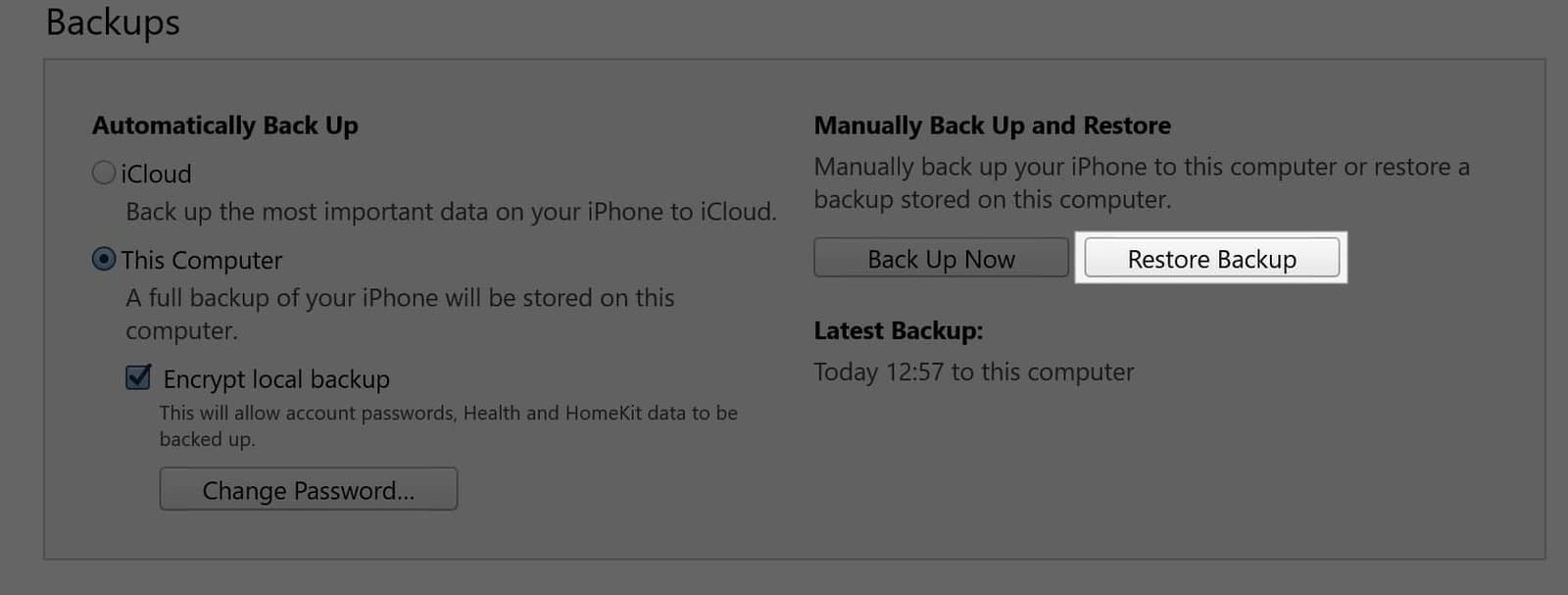 Restore Backup option.