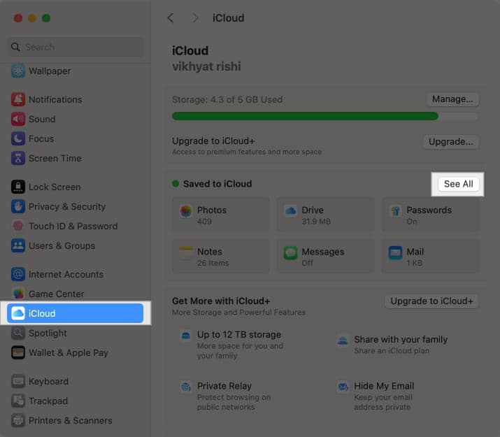 Click on See All in iCloud settings on Mac