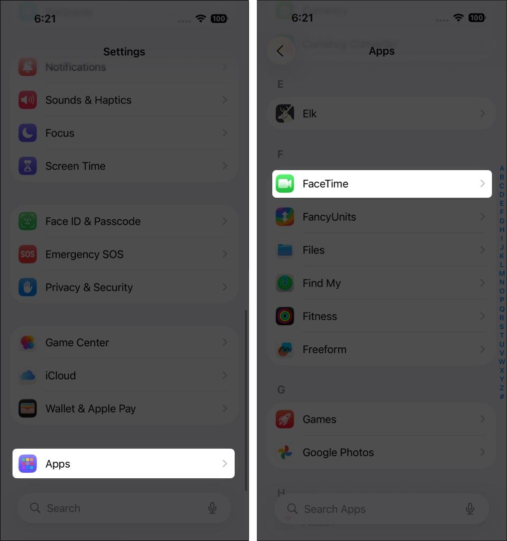 Open Settings → Apps and select FaceTime