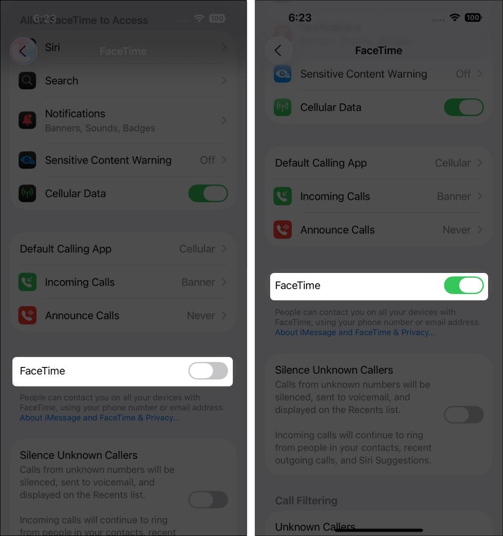 Toggle off FaceTime for a few seconds and finally, toggle on FaceTime again.