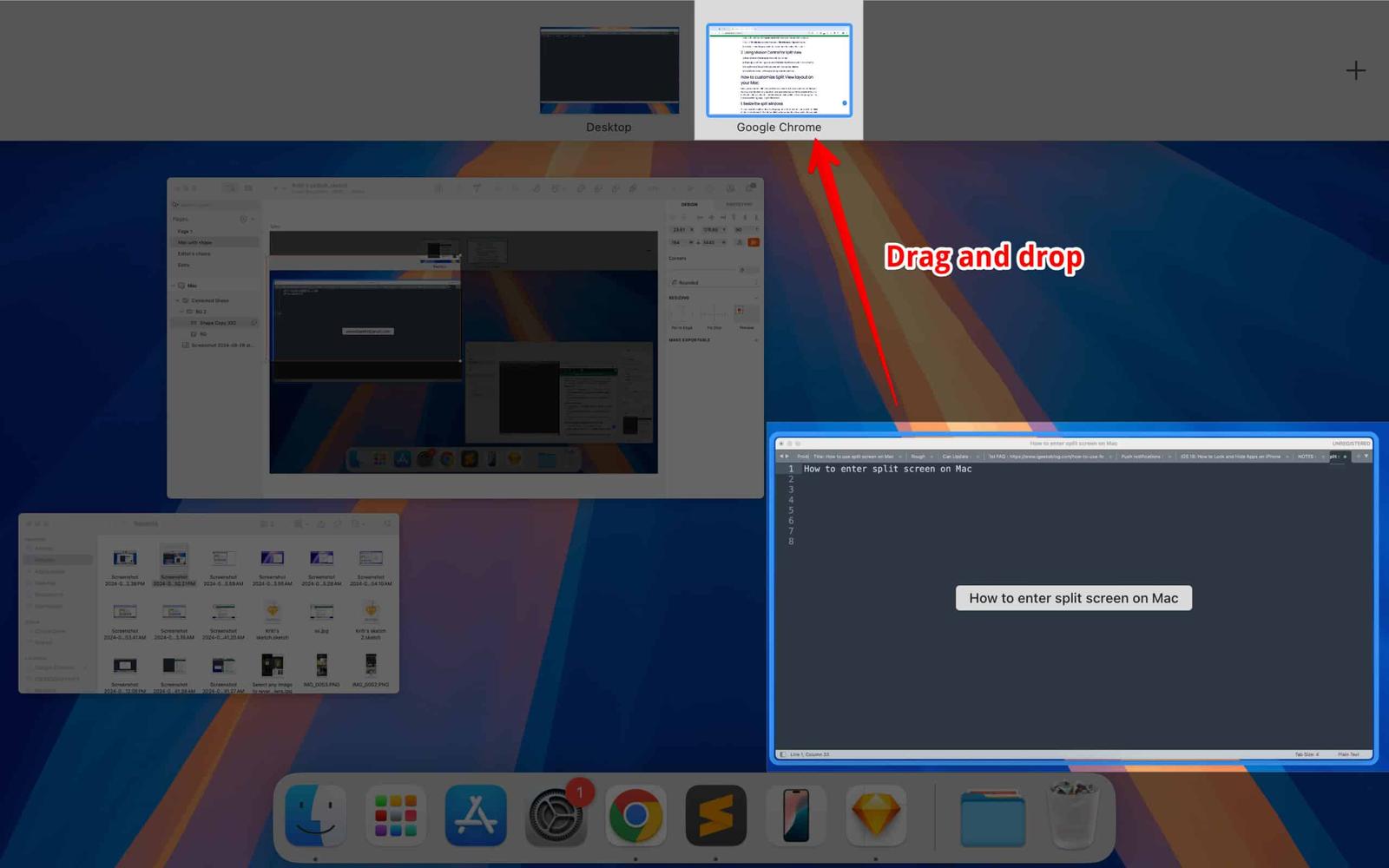 Dragging and dropping second app over first app in Mission Control to open them in Split View.