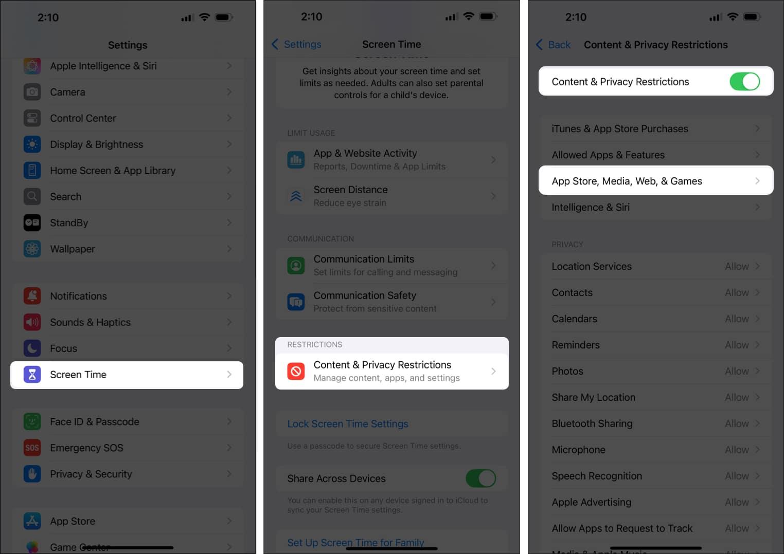 Content & Privacy Restrictions option in the iPhone Settings app.