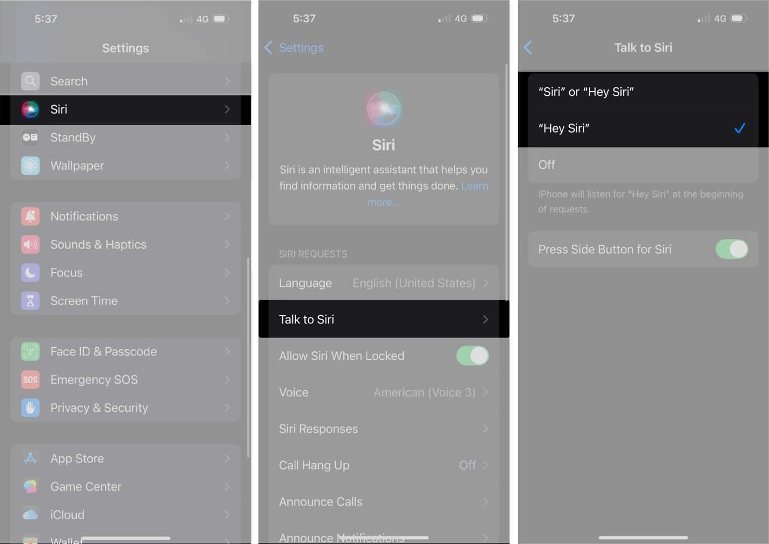 Make sure Hey Siri is selected in Siri settings.