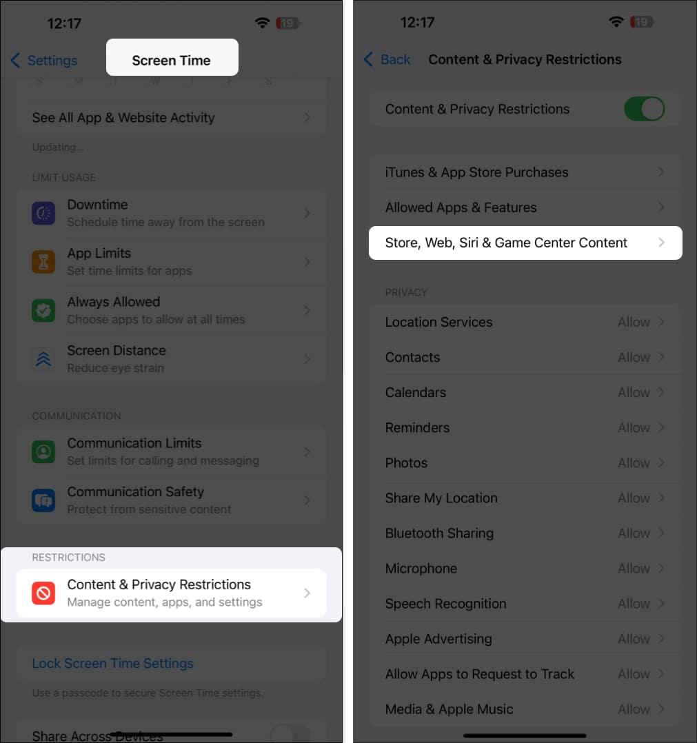 Checking content  privacy restrictions for the app store on an iphone