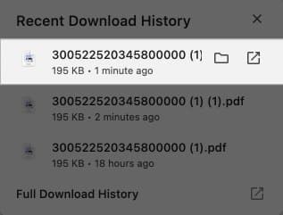 Recent Download History page in Chrome on a Mac.