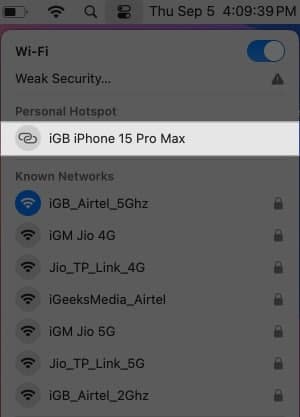 Connecting to iPhone's Personal Hotspot on an Mac.