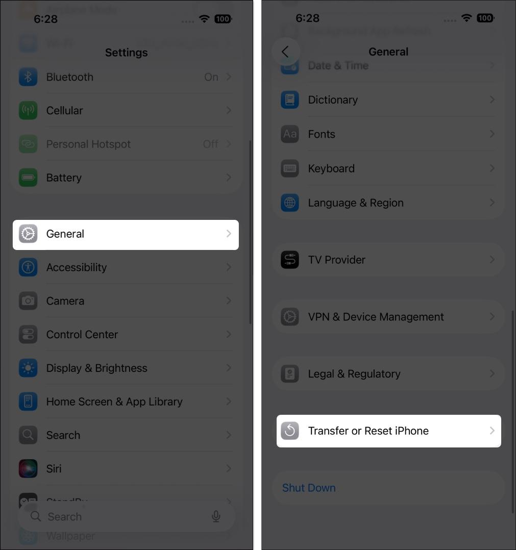 Scroll down to the end and tap Transfer or Reset iPhone