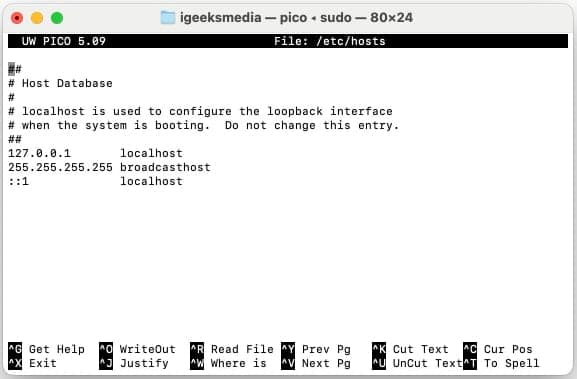 hosts file on in macOS Terminal.