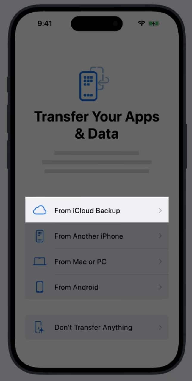From iCloud Backup option on the Transfer Your Apps & Data page.