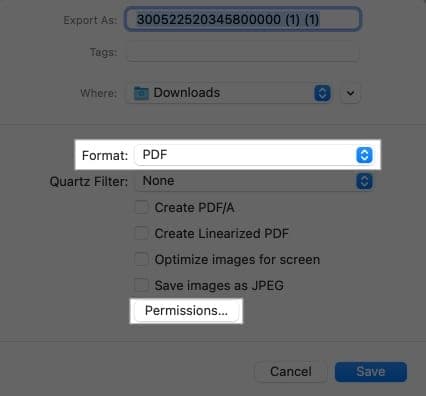 Configuring format and permissions in the Export window for Preview on a Mac.