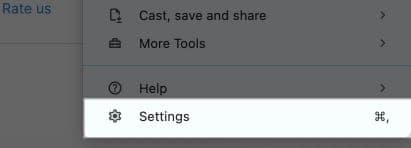 Settings option in Chrome menu bar.