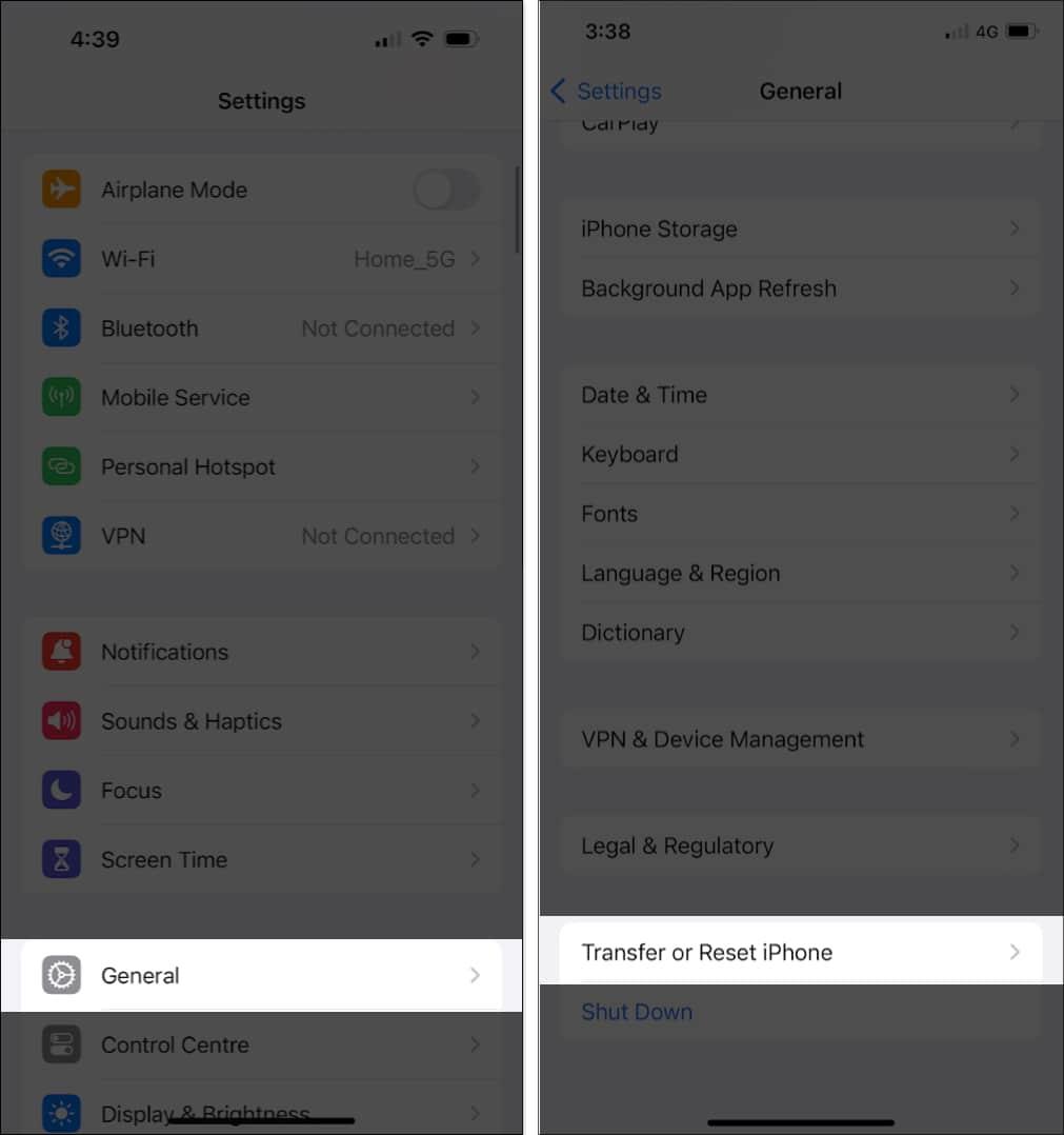 Accessing the Transfer or Reset iPhone option in iPhone Settings.