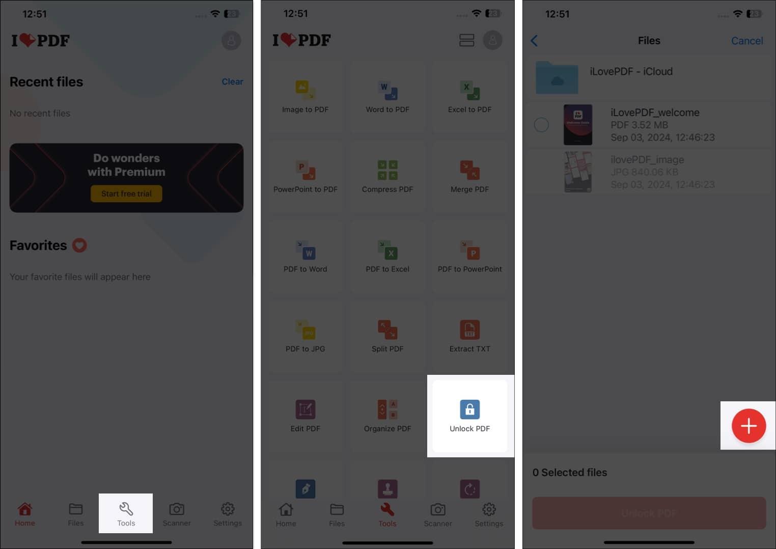 Adding the password-protected PDF document to the iLovePDF app.
