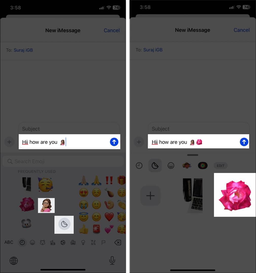 Using a sticker as an emoji in the iPhone Messages app.