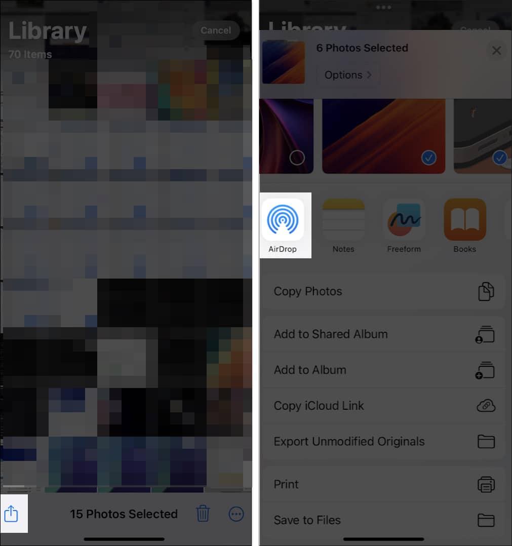 Sharing selected photos using the AirDrop option in the Share Sheet on an iPhone.