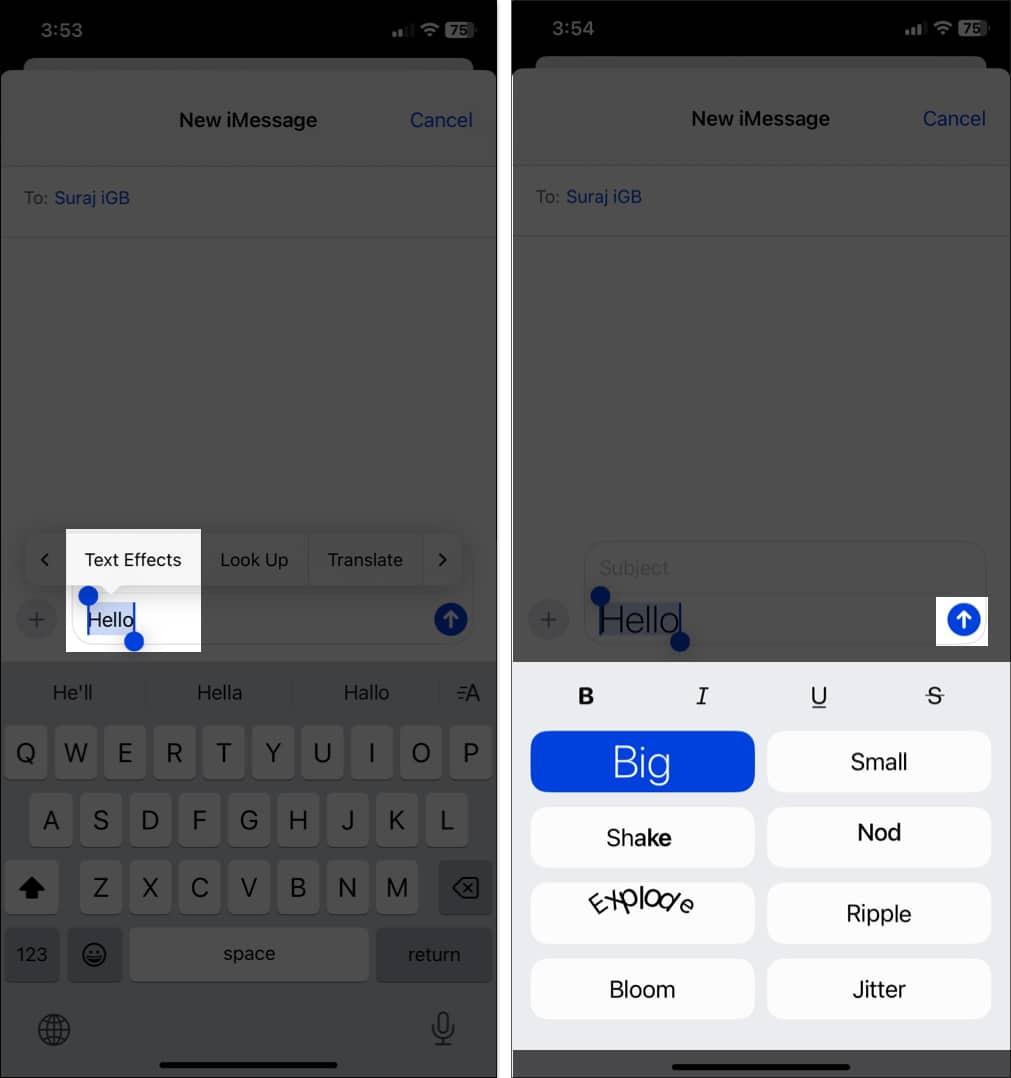 Selecting Text Effects for a message in the Messages app in iOS 18.