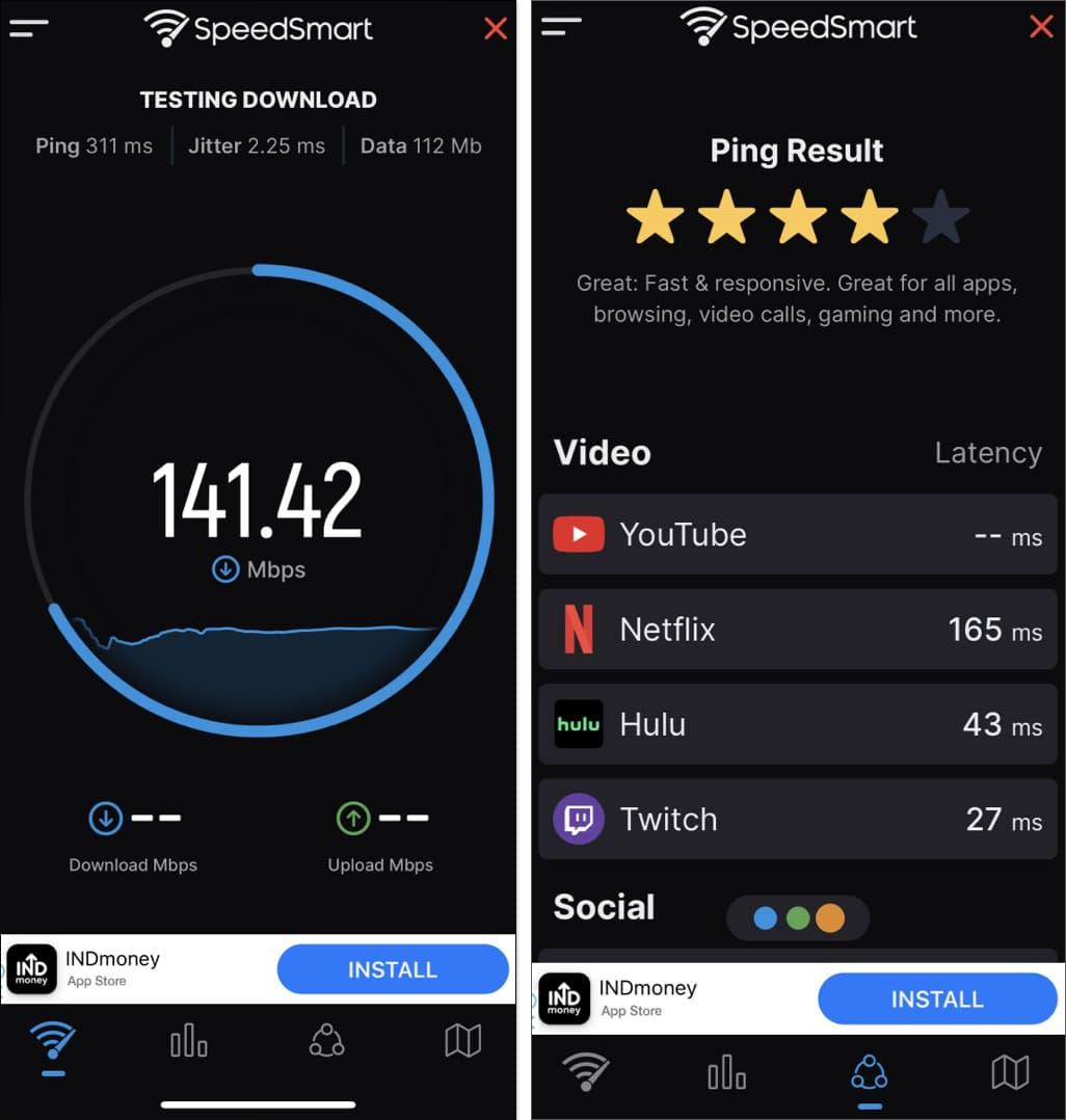 Speed Test SpeedSmart Internet app.