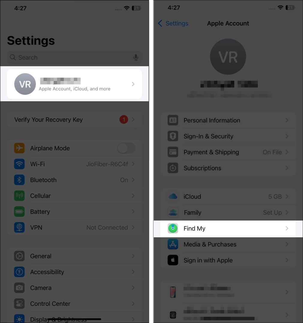 Accessing Find My preference on an iPhone.