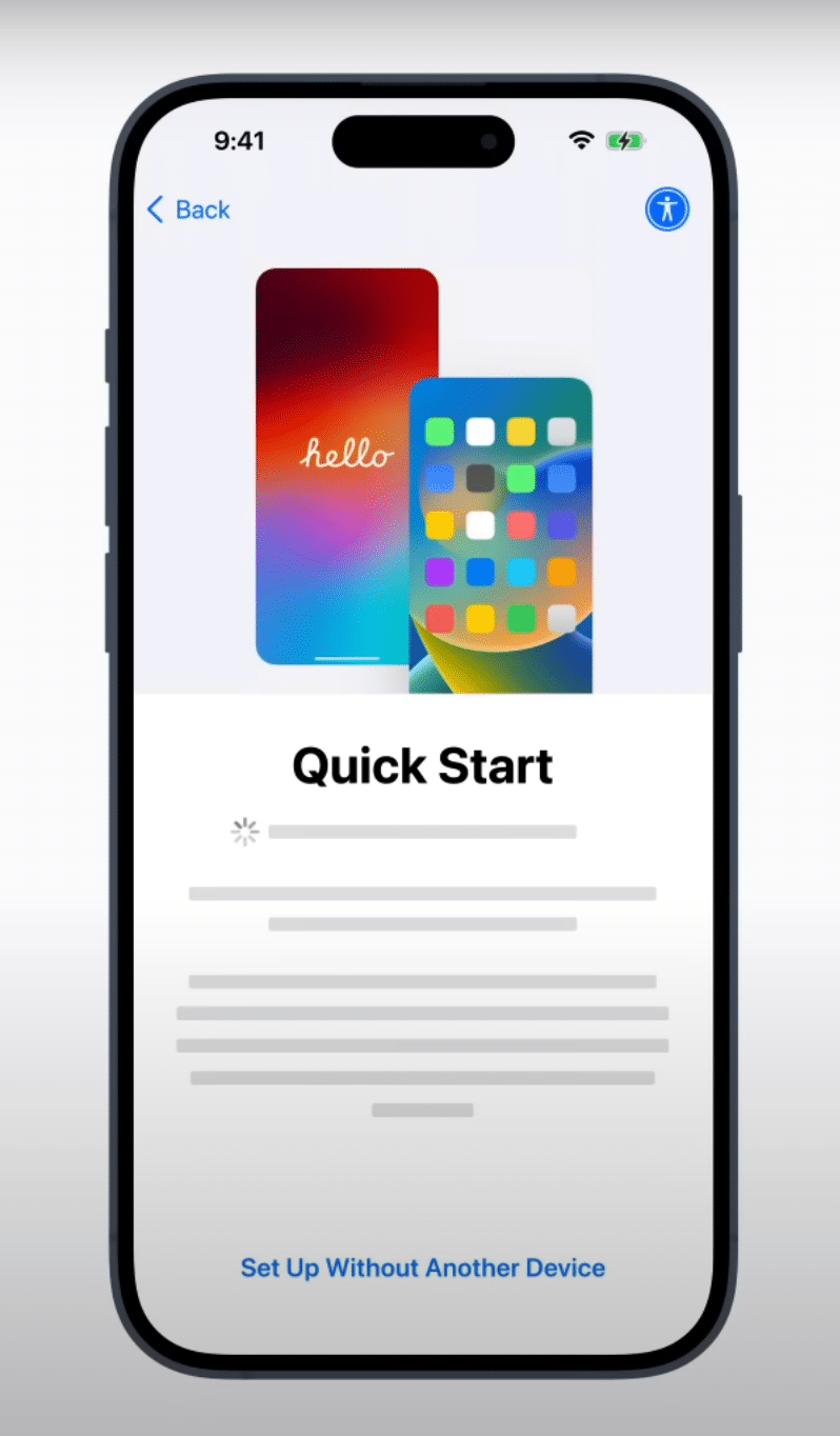 Set Up Without Another Device option on the Quick Start screen on an iPhone during initial setup.