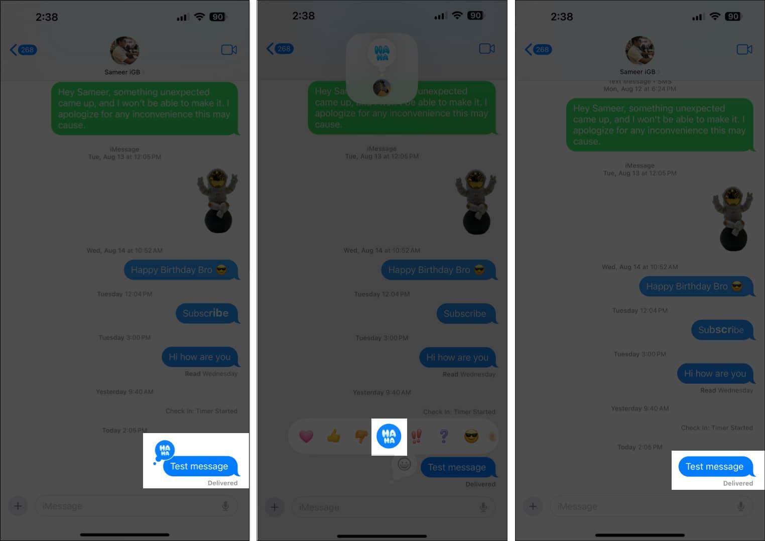 Removing a Tapback emoji from a message in the Messages app on an iPhone.