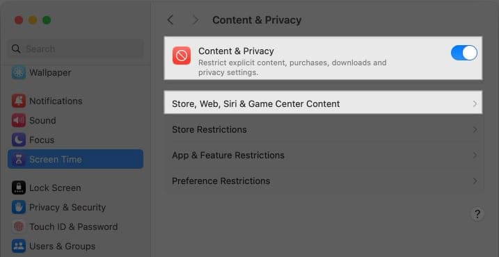 Toggling on Content and Privacy option in Mac System Settings.