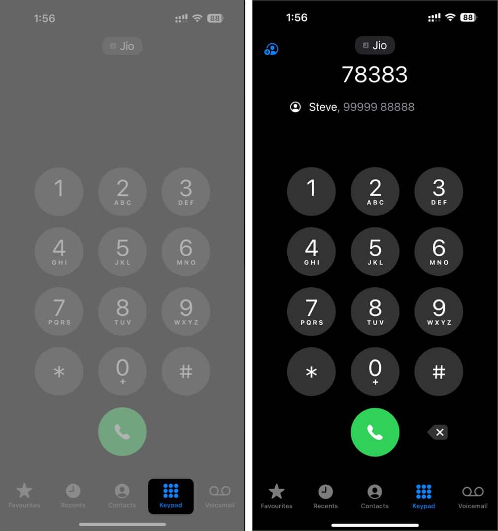 Using T9 dialing on an iPhone in iOS 18 to find a contact.