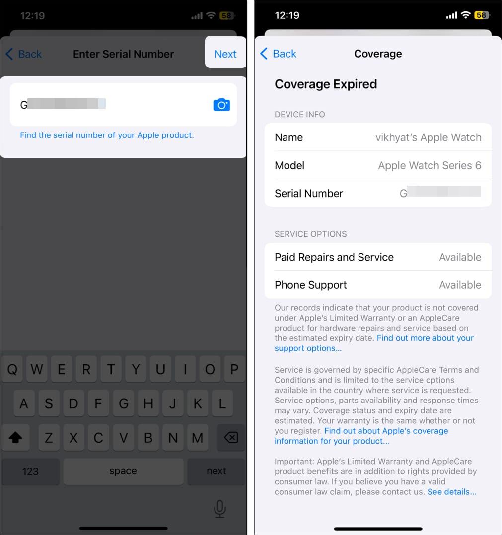 Coverage details of an Apple Watch as shown in the Apple Support iOS app.