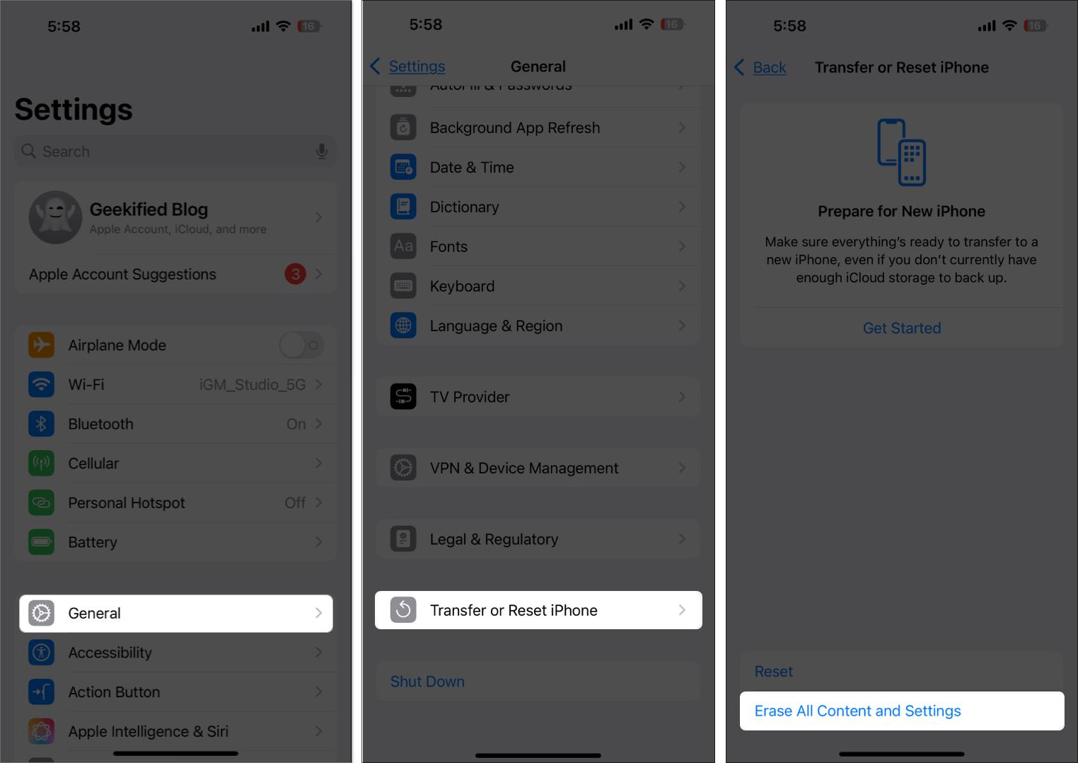 Factory data reset steps on iPhone settings