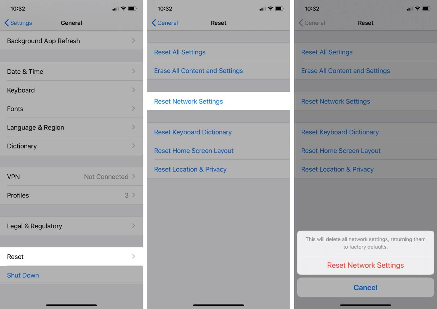 Reset network settings from iPhone settings