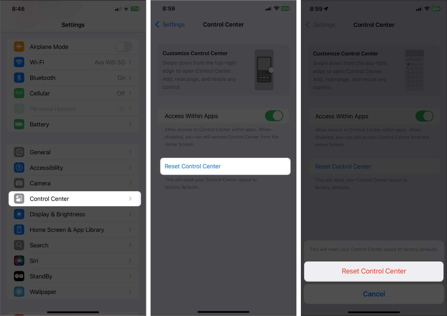 select control center, reset control center in settings