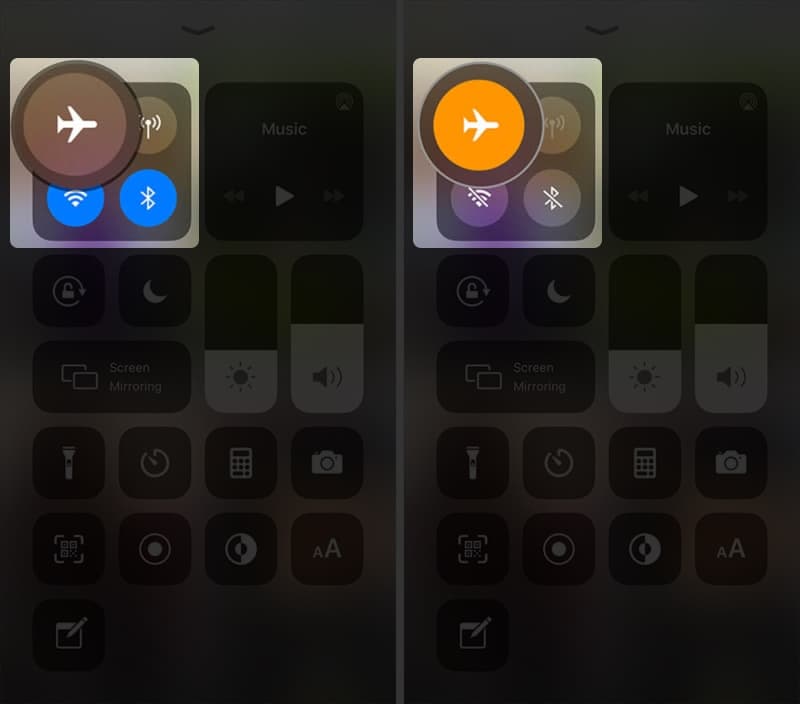 Turn on or off airplane mode in control center on iPhone