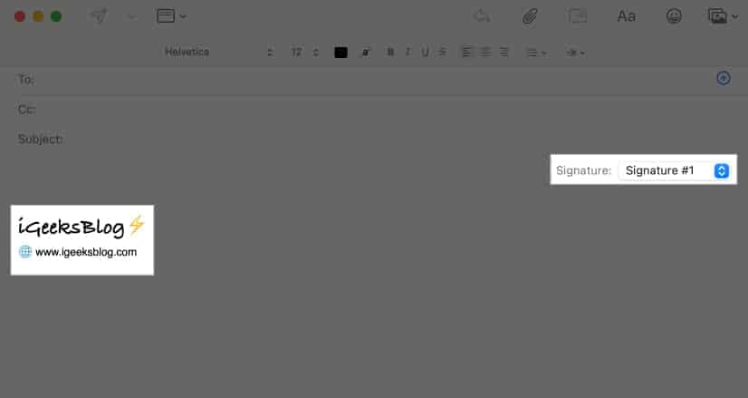 Adding a signature from the drop-down menu in a new mail on a Mac.