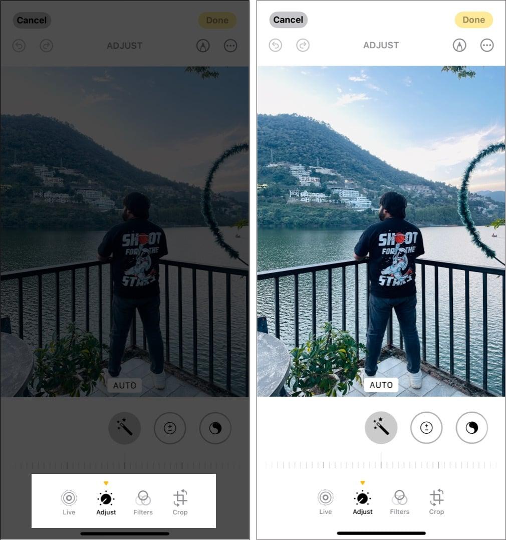 Using adjustment tools in the Photos app.