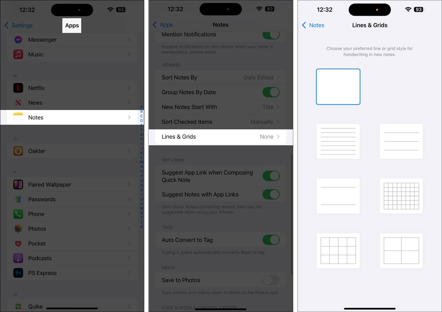 Applying lines and grids to notes in the Apple Notes app by default.