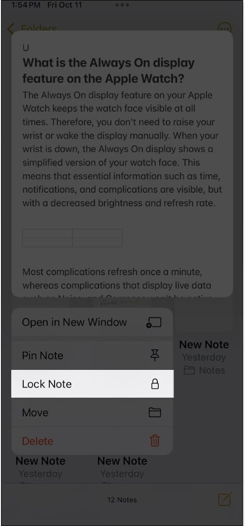Locking a note in the Apple Notes app.