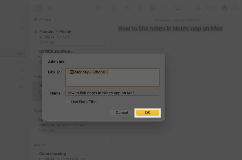 Click Ok to link notes on Mac