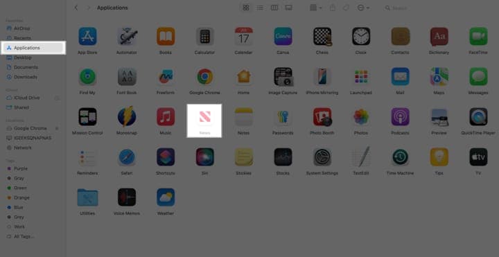 Unhiding and launching the Apple News app on a Mac in Finder.