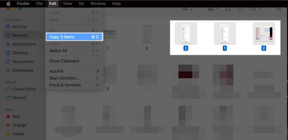 Copy option for the Finder app in the menu bar.