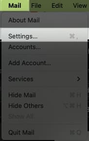 Accessing the Mail app settings from the menu bar on a Mac.