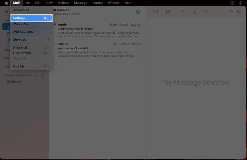 Accessing Mail app settings on a Mac.