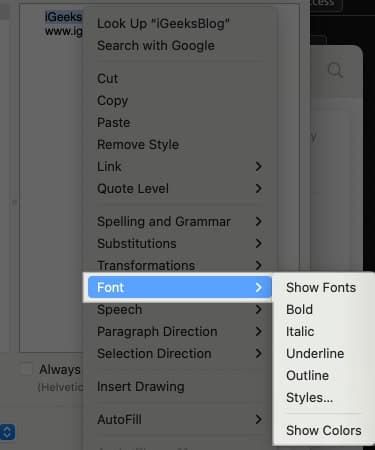 Customizing font style for the custom signature in the Mail app on a Mac.