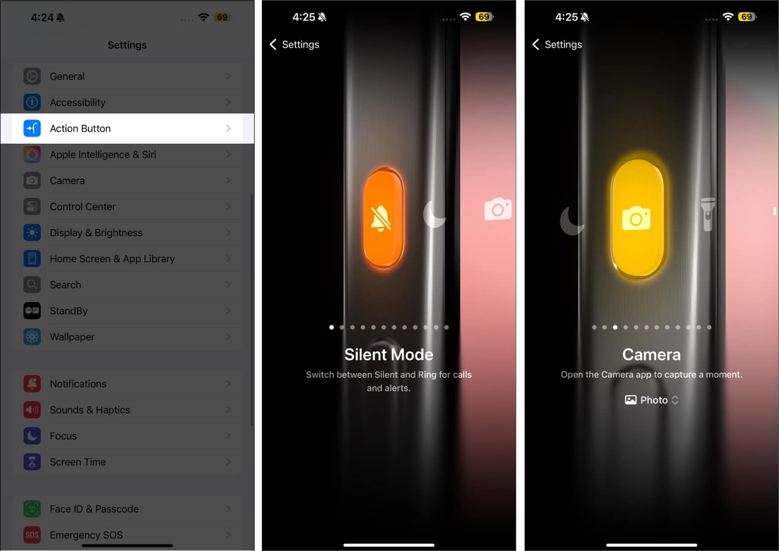 Customizing the iPhone Action Button in iOS Settings app.
