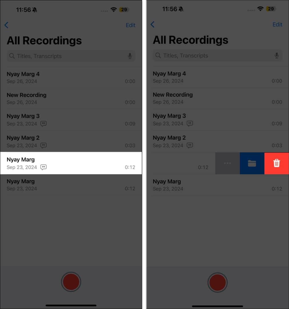 Deleting a voice memo in the Voice Memos app on an iPhone.
