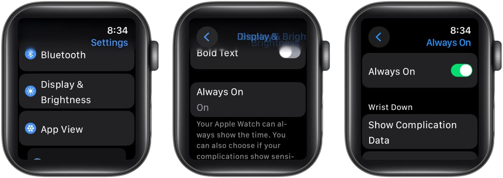 Enabling the Always On feature on an Apple Watch.