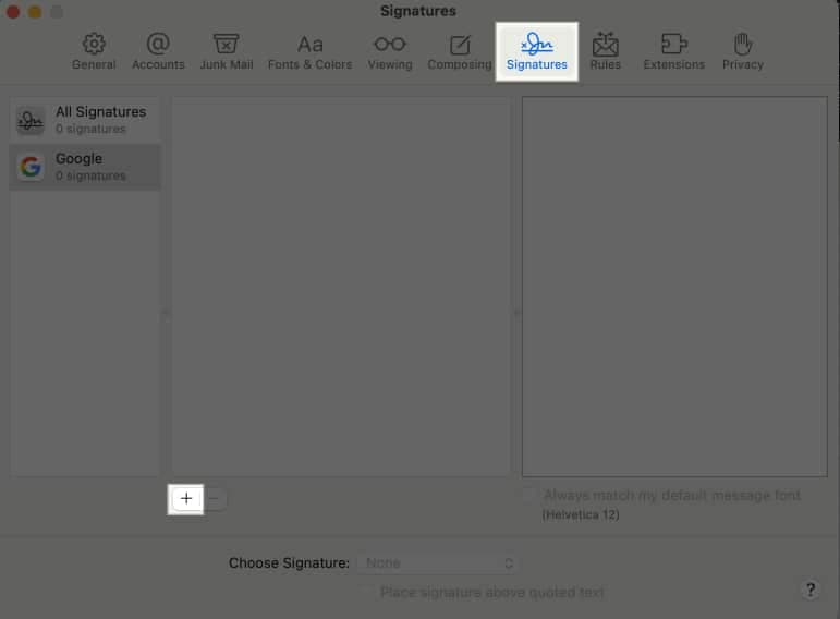Creating a new signature for the Mail app on the Mac.